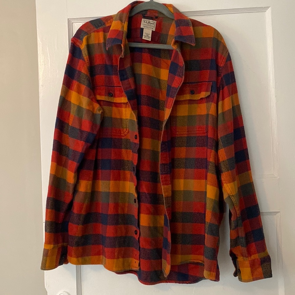 L.L.Bean, size L, men’s flannel button down shirt, multicolored checker pattern